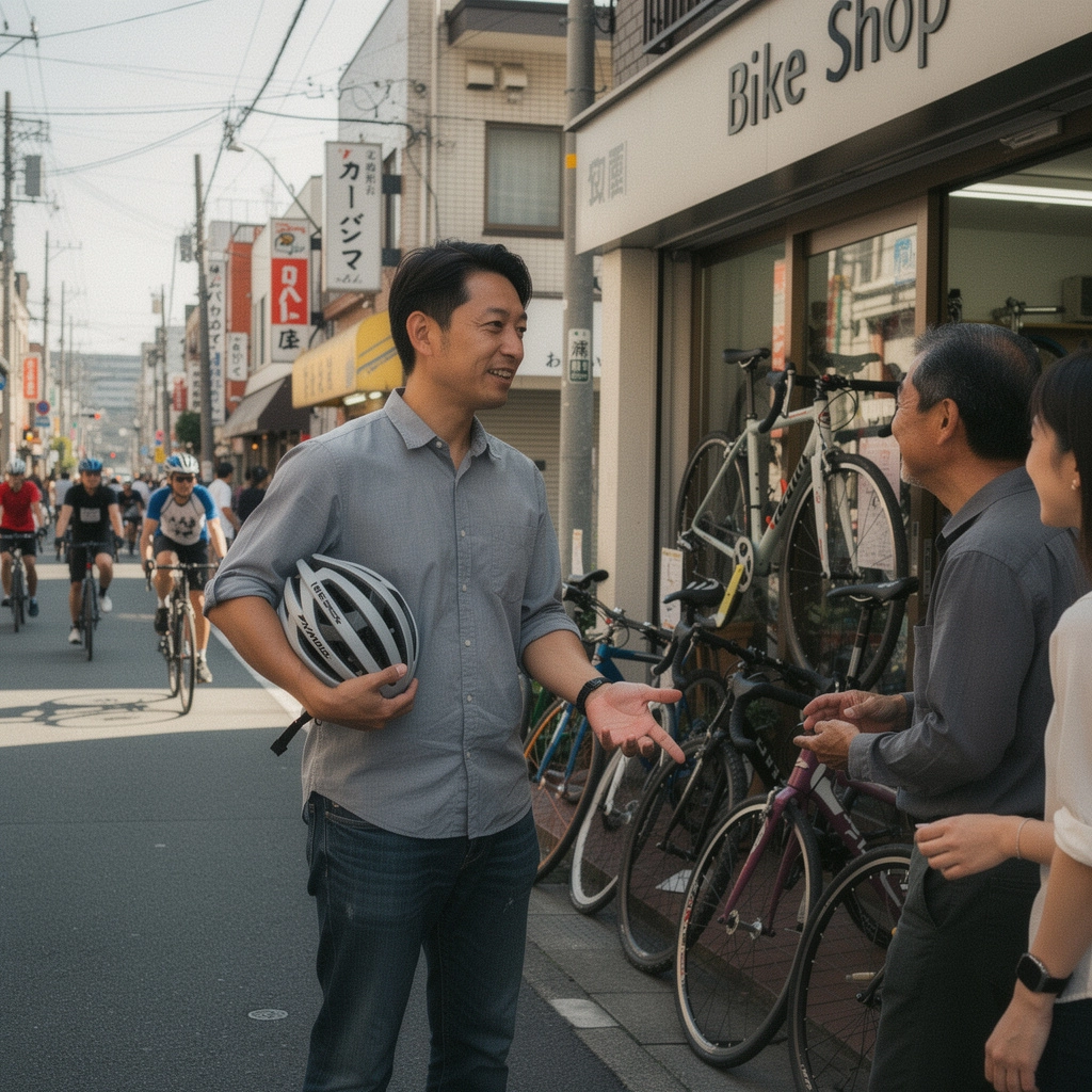 自転車ショップの店内での賑やかな様子